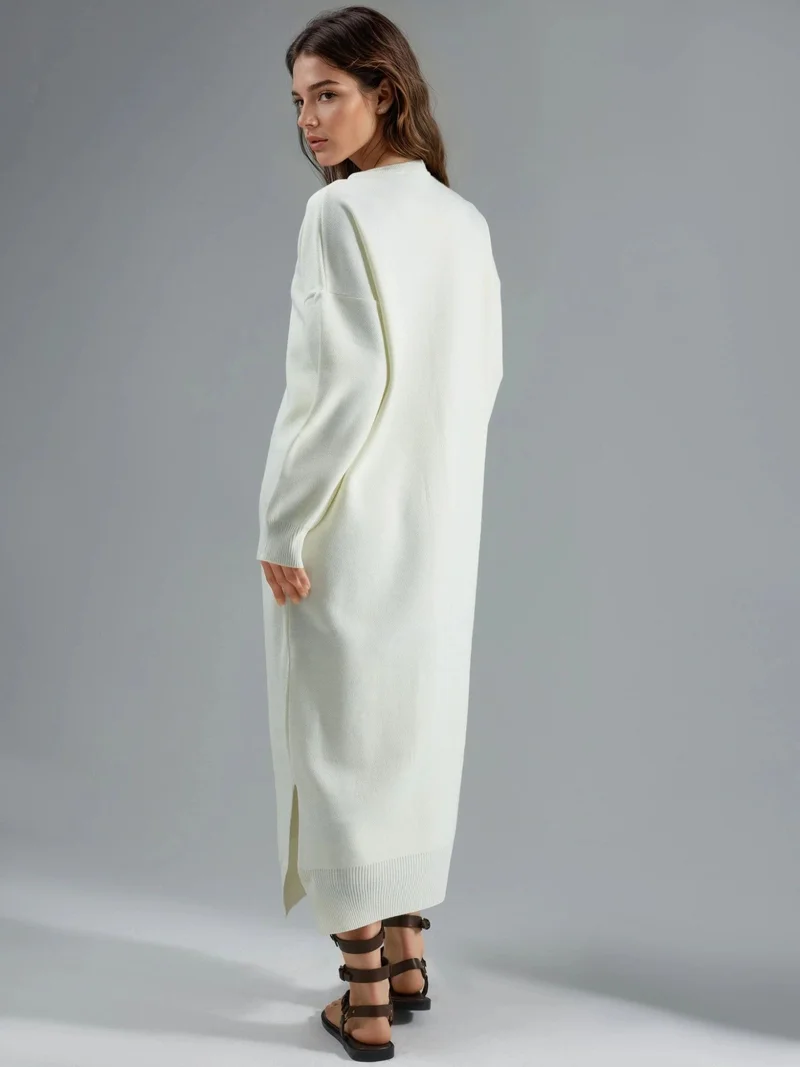 MY FASHION Dusty White MY FASHION Textured Ribbed Long Knit Dress with Slit Detail for Women | Best Price UAE